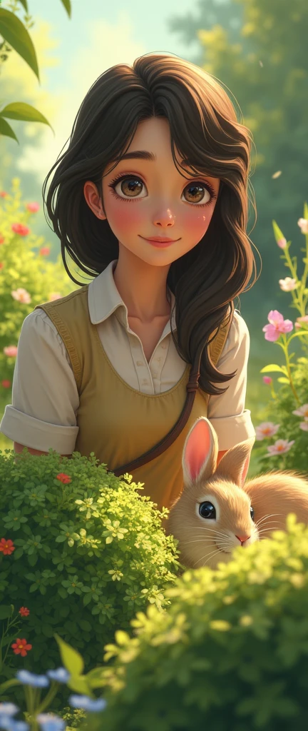 Image of Mary noticing a small rabbit peeking out from behind some bushes in the garden.