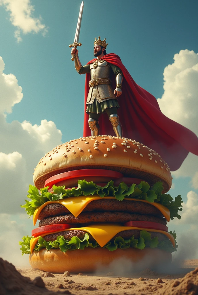 A giant burger and a king standing on it and raising his sword