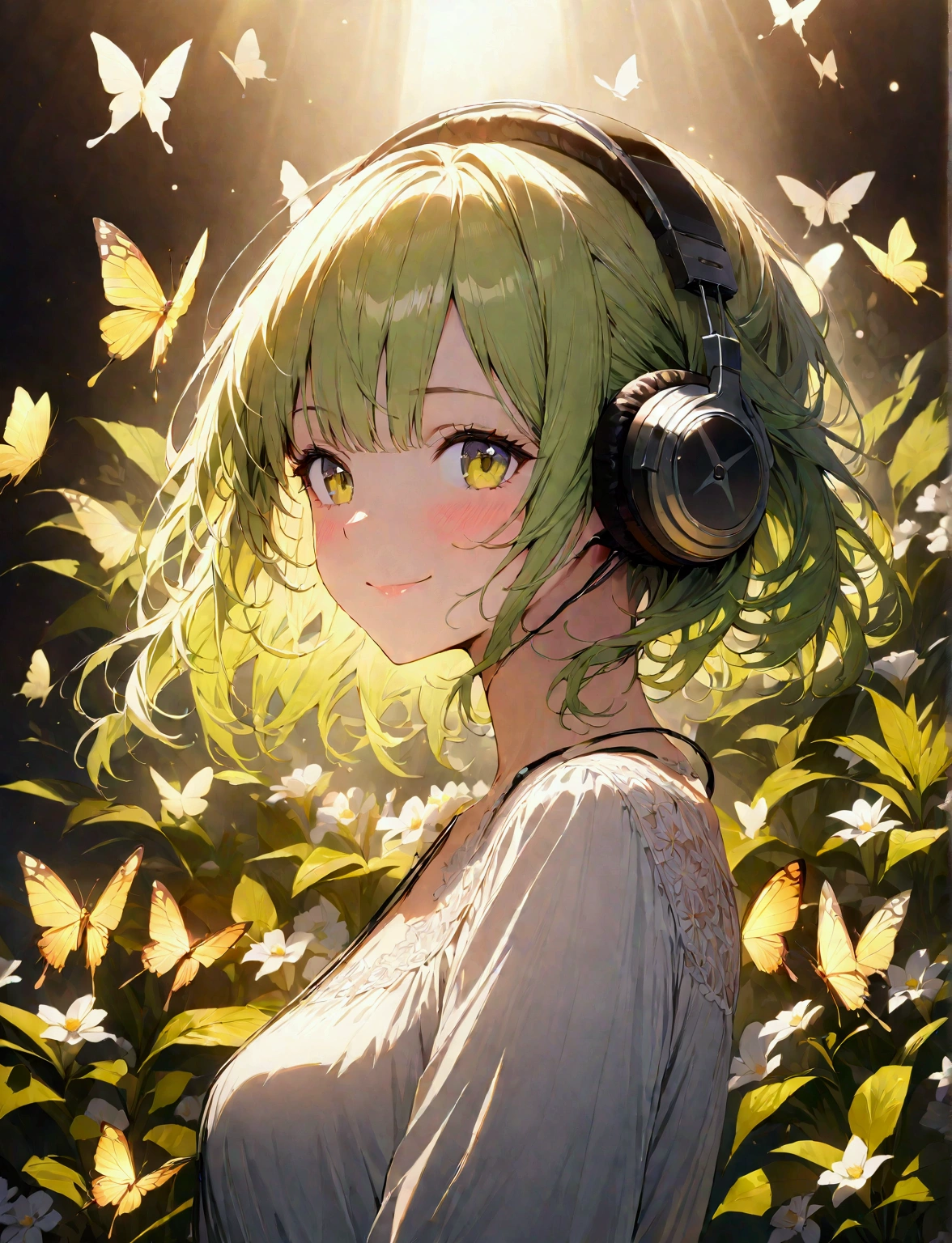 Yellow-green hair color,woman,Flower,butterfly, Cinema Lighting, (masterpiece:1.2), 最high quality, high quality, High resolution, (Super detailed), Detailed Background, One person,headphone,smile,