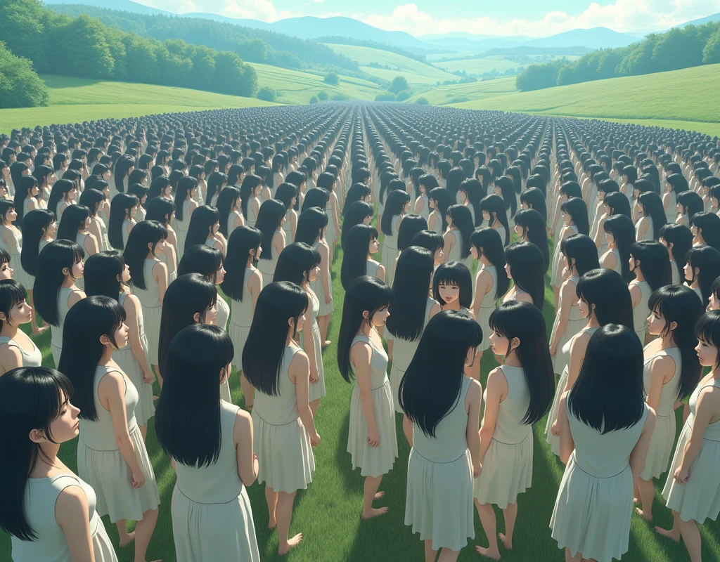 (((((Japanese Clone girls=Myself)))))), (((best masterpiece Clone girls Raw Photography Art))), (16K, Highest quality, Ultra-high resolution, RAW Photos), (((It's so unrealistic., With unparalleled depiction, With an unfathomable sight, An unprecedented and shocking worldview, Clone girls in a world of mass reproduction, Ultra-realistic))), (((Japanese, woman, 20yo, Sasaki Nozomi))), (Small face, ((Thick black hair, Short Hair))), ((V-neck short-sleeve dress)), (((((Very beautiful detailed girls, Accurate body structure, Very detailed完璧な, Super busty body with very large breasts, Clearly emphasizes cleavage))))), (((Dark Eyes, Mature face, Cute Smile, A gentle gaze))), (((Very happy laughter is beautiful))), ((((((((Very detailed分身増殖描写, ((1girl→Myself cloning→1,000,000,000,000,000,000,000,000Myself Clone girls)))))))))), ((((((((Very detailed, The precise depiction of the proliferation of Myself Clone girls, ((With the perfectly identical bodies of Myself clone girls, With the exact same face as the Myself clone girls, With the exact same hairstyle as the Myself clone girls, In the exact same clothes as the girls who are my clones, Perfectly the same height as the Myself clone girls, Super big breasts, just like the Myself clone girls)))))))))), (((Myself clone girls only))), (((Very detailed, Myself clone girls multiplication, 1,000,000,000,000,000,000,000,000Myself Clone girls→100,000,000,000,000,000,000,000,000,000,000,000,000,000,000^1,000,000,000,000,000,000Myself Clone girls))), (((Very detailed描写で, (An embrace between self, Back to Back, Myself clone girls assemble, Fun conversations with fellow Myself clone girls, A fun conversation between Myself clone girls, Myself clone girls kissing each other everywhere, Myself clone girls love each other, Myself clone girls holding hands)))), (looking at the camera), (Sexual seduction), (((Unbelievably crowded, Transcendent Myself clone girls intimately, Countless Myself clone girls surround you in 360 degrees))), (Bright and soft sunlight), (((Very wide field of view, Very detailed, Detailed ultra-perspective depiction with clear depth))), (((((Curved slope landscape))))), (((Very photographic and detailed, Myself clone girls are depicted as multiplying infinitely, filling the sky with no gaps and filling the sky with the horizon., Myself clone girls are endless and have a fun atmosphere))), (Focus on the average value of the image)
