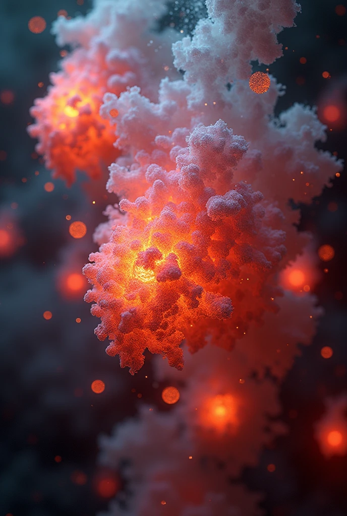 Glowing particles, Artificial lighting, Warm color emission, Artificial particles, Microparticles, High density particles, High density particlesの浮遊塊, 球状のHigh density particlesの塊