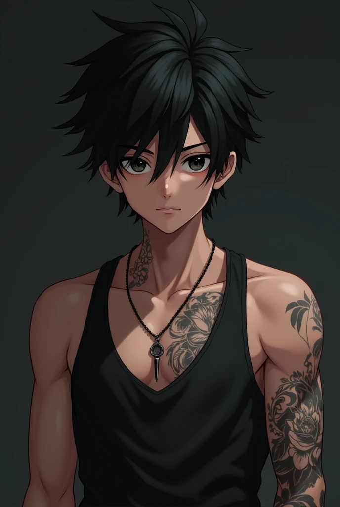 A 2 anime boy with aesthetic physique and masculine jawline and wear lower in bottom and tattoo on his neck and forearm with Messy and weavy hair  with black eyes and black background 