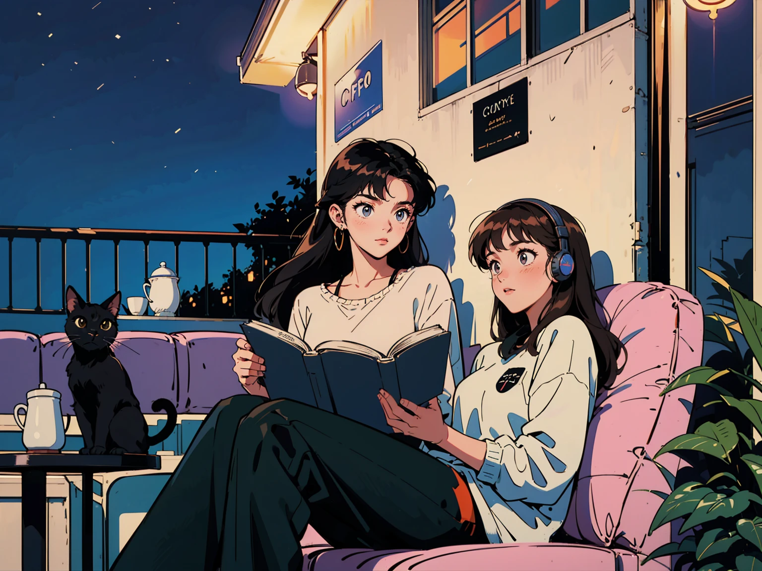 best quality, 8k, 1990s style,2010s hairstyles, 2 girl, black hair, long hair, light brown eyes, city pop, pants ,night view, wearing headphones,reading a book, whole body, relax coffee,table,confection,Looking at me, Black cat