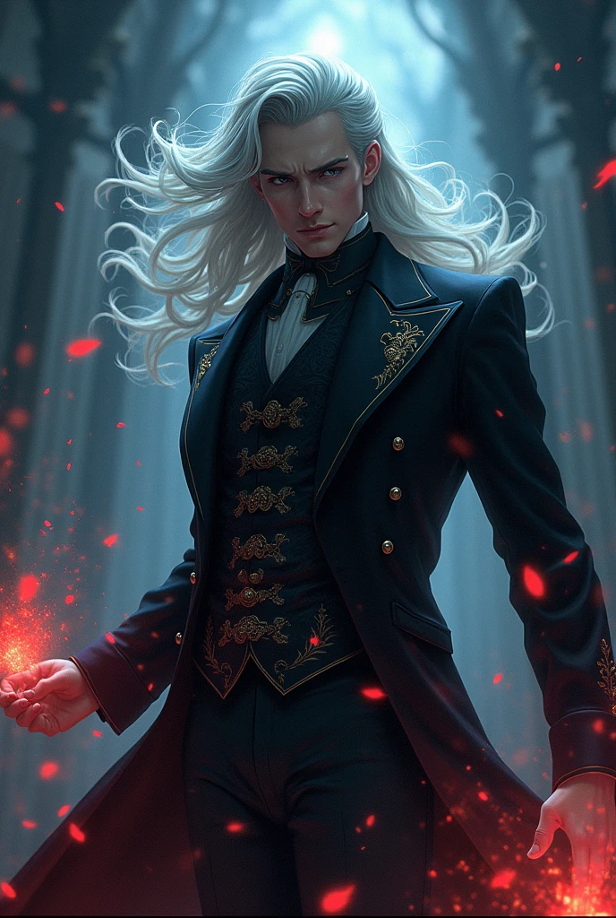a anime style portrait of a handsome victorian man casting a dark spell, long silver hair, dark suit, dark energy, eldrich blast, darkness, top - hat, elegance, intricate details, dramatic pose, epic composition, cinematic lighting, vibrant colors, dramatic pose, dramatic composition, yoji shinkawa style