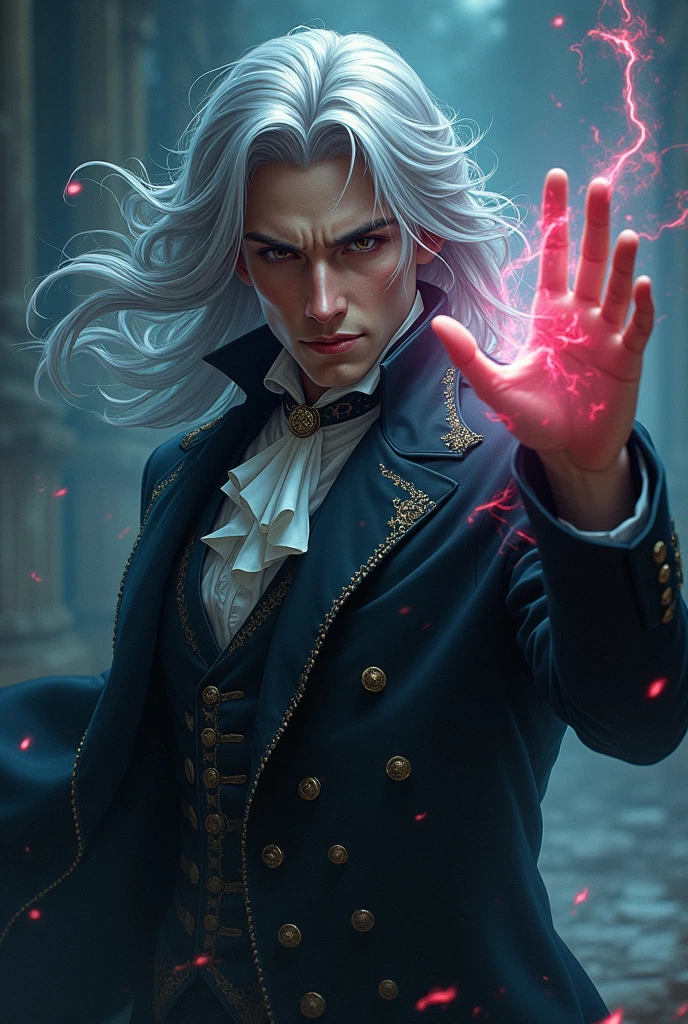 a anime style portrait of a handsome victorian man casting a dark spell, long silver hair, dark suit, dark energy, eldrich blast, darkness, top - hat, elegance, intricate details, dramatic pose, epic composition, cinematic lighting, vibrant colors, dramatic pose, dramatic composition, yoji shinkawa style