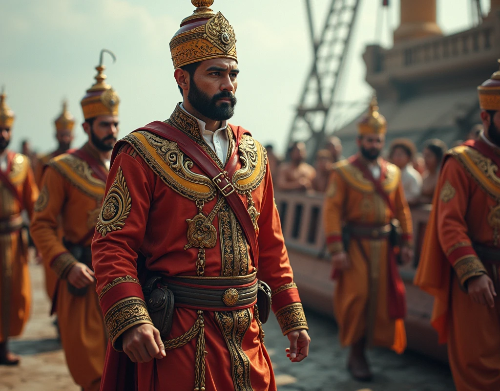 Malay Admiral arrival in Siam with the Sultan of Melaka's envoy wearing Malay traditional Attire,wearing Malay Tanjak,and holding Keris
