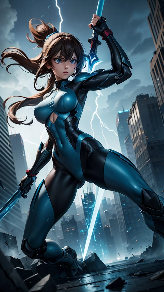 A powerful, muscular figure of a woman in a sleek, futuristic combat suit is engaged in a fierce battle. The suit, glowing with blue energy lines, contrasts with the dark, stormy environment around her. She wields a massive energy sword in one hand, slashing through the air as she faces off against a towering robotic adversary. Her eyes are focused, filled with determination, and her stance is strong and grounded, ready for any attack. The background shows a dystopian cityscape, with tall, ruined buildings and lightning striking in the distance. Sparks and debris fly around them, emphasizing the intensity of the fight