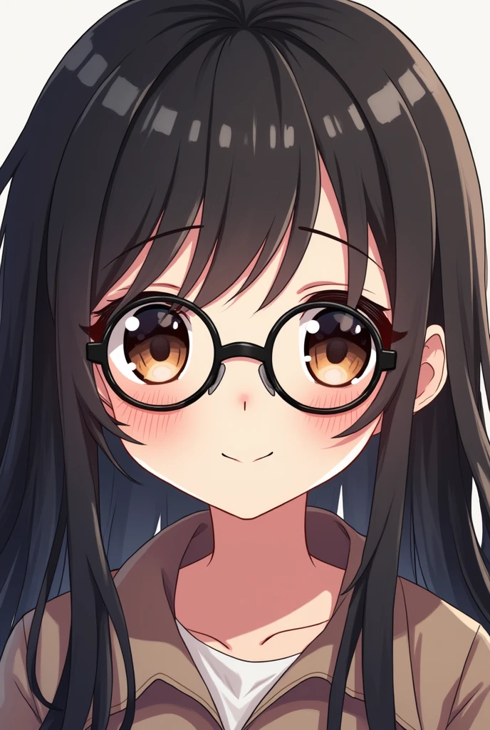 a FEMALE character in chibi style, with dark brown eyes, and long black hair with bangs, with round black glasses, Caucasian skin, just the character's face.