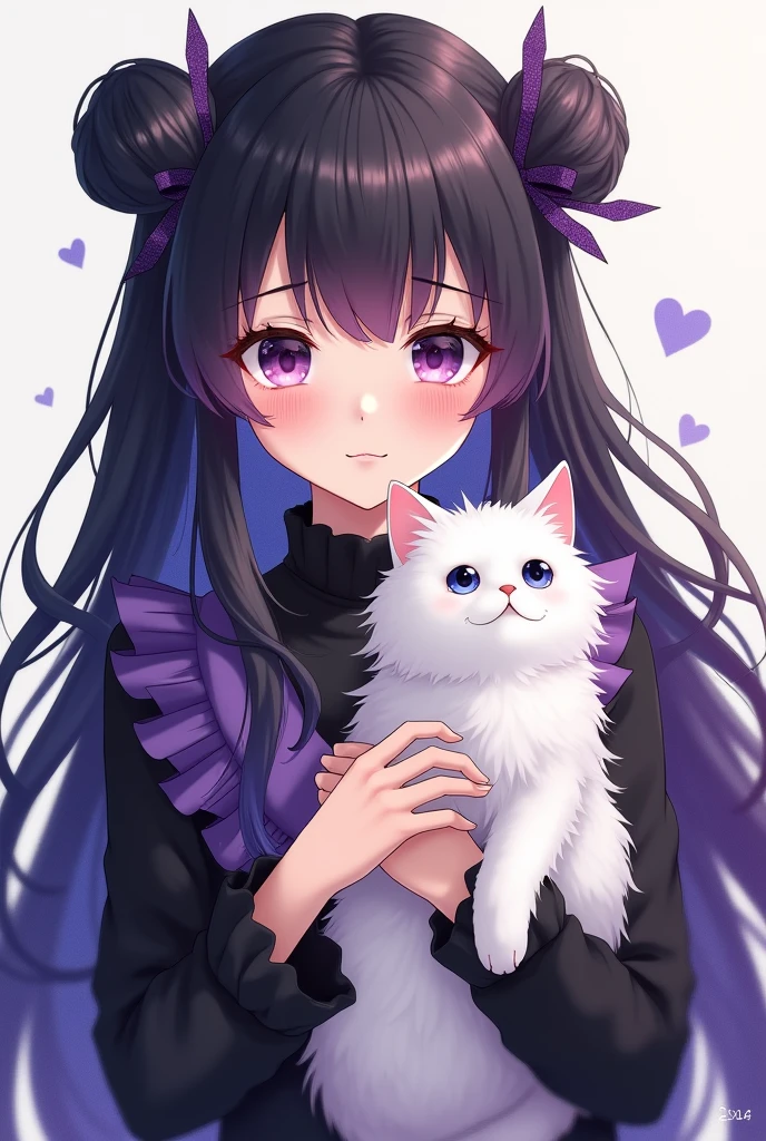 Anime girl with long purple hair, half black and half purple, tied in two buns, wearing a cute black and purple outfit, holding a white Persian cat.