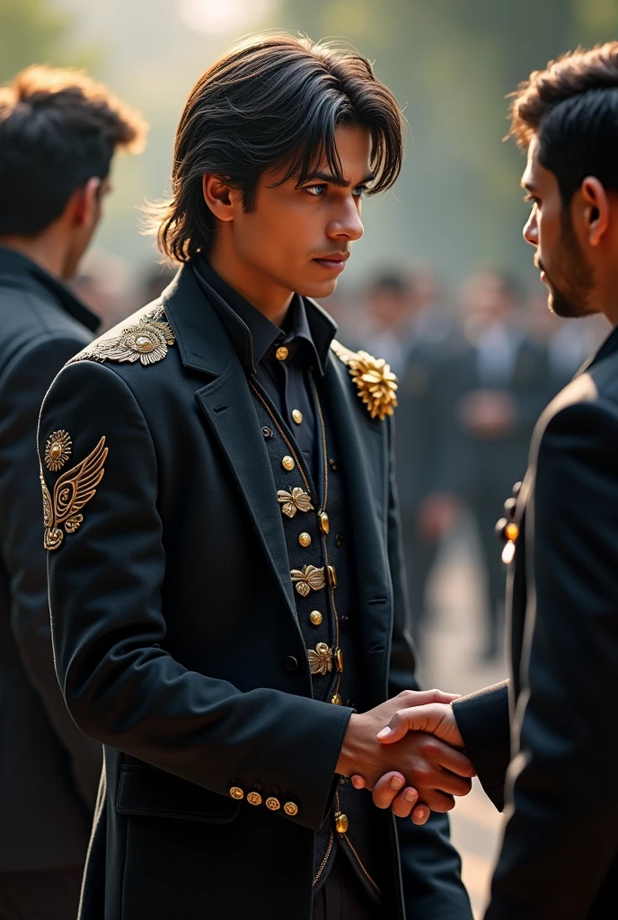A handsome boy having 6 paths wearing a black coat the button of coat are open anyone can see his 6 paths and on his top right side there MK is capitally written with gold and very luxury and a eagle sitting on his shoulder he is having long silky hair his eyes are blue he is brave like a lion and he is shaking hand with shahrukh Khan .