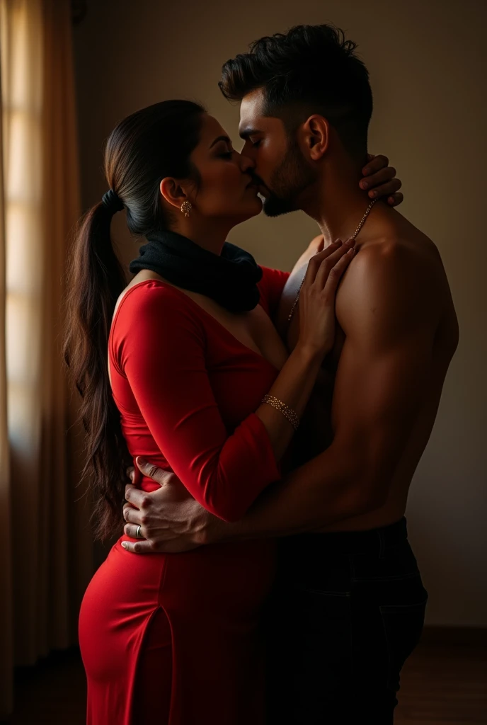 photo of Voluptuous Mature Indian Aunty with dusky skin, wearing tight Red Kurti and Black stole around her throat, showing her large U cut Cleavage, Hair Tied behind,Standing and Kissing a Slim Young boy, Dim Night light in the room.