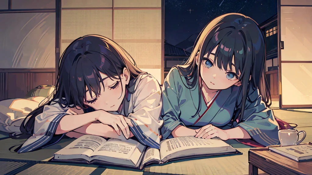 serene Japanese woman with silky dark hair, falling asleep while reading a romance novel, starry night visible through shoji screens, warm soft lighting, tatami room, dreamy and romantic mood, high quality, photorealistic