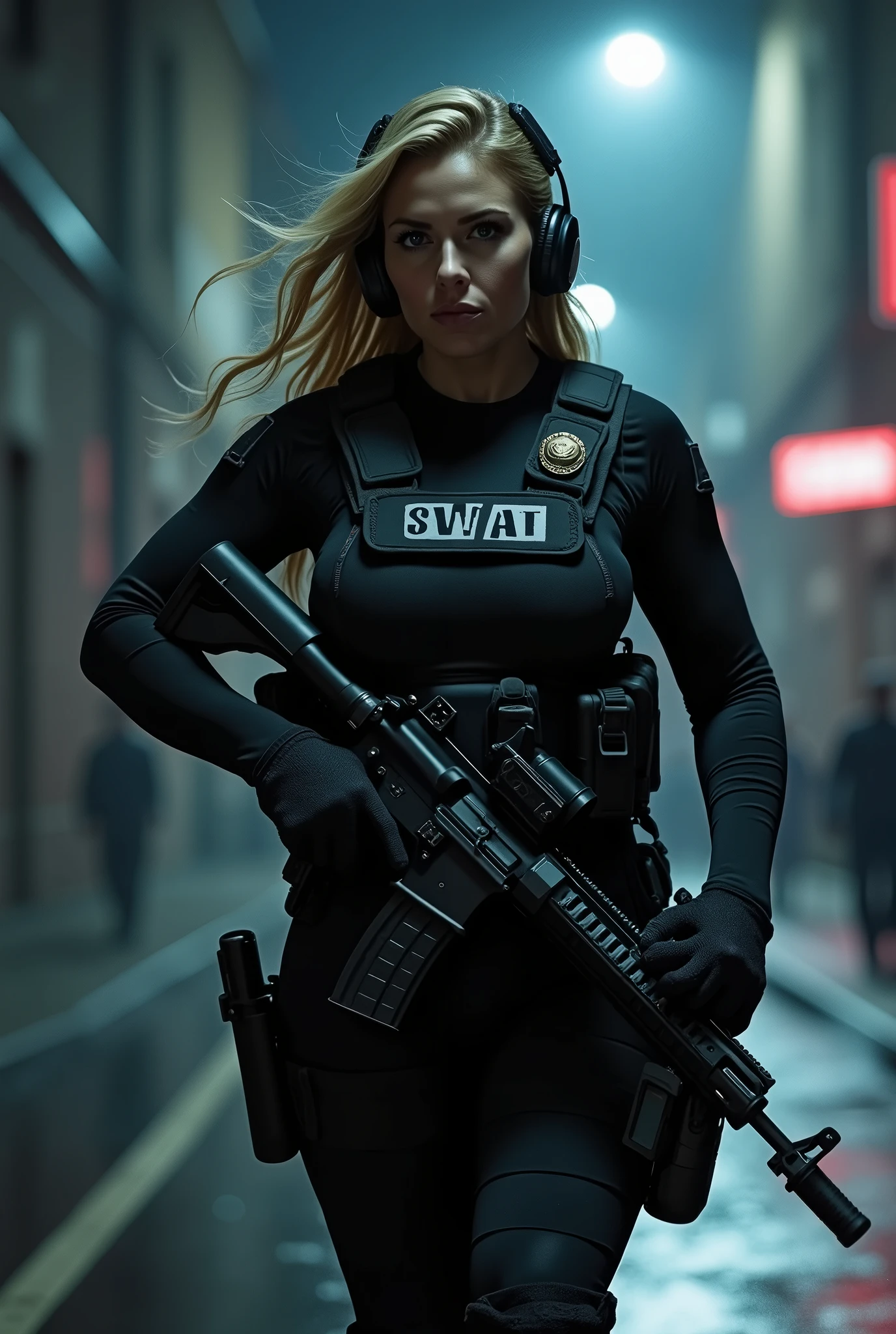 (masterpiece:1.2, highest quality), (Realistic, photoRealistic:1.4),1 female,Mature Woman,5,(A female SWAT officer storms into a crime scene,Dynamic Movement,(Muscular),(Huge breasts),(Thick thighs),(SWAT black combat bodysuit),(black bulletproof vest),(Black Tactical Forster),(headset),(The background is a group of buildings late at night:1.5),(((Background Blur:1.5))),(Serious),Searchlight light