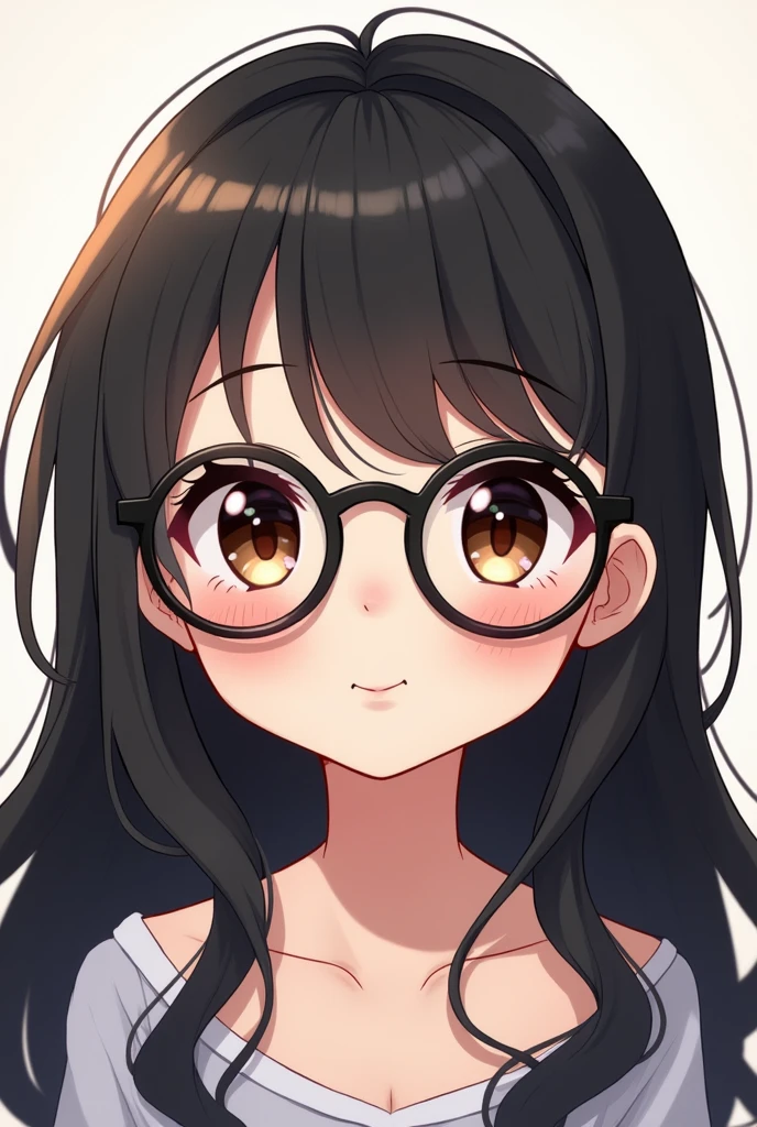 a FEMALE character in chibi style, with dark brown eyes, and long black hair with bangs, with round black glasses, Caucasian skin, just the character's face.