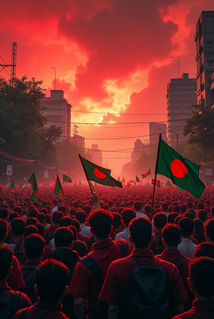 Huge students protest on Dhaka street, holding bangladeshi flag, sky turning red, landscape size image