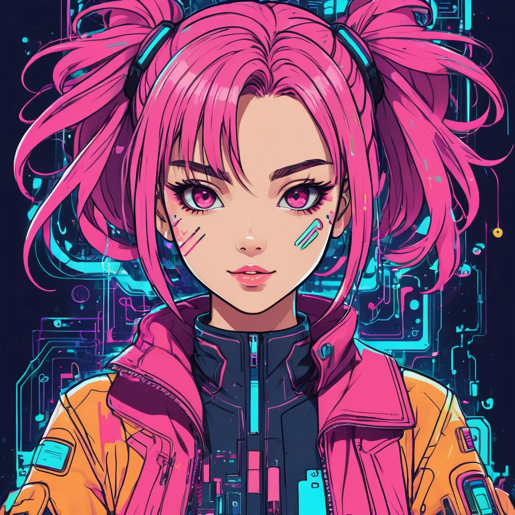 cheered up, A girl, kawaii, cyberpunk, showy, ink paint line art, vector art, thick lines, glitch art, Flat colors, Clave visual, Vibrant, Technical drawing, line art, minimalist, Masterpiece,