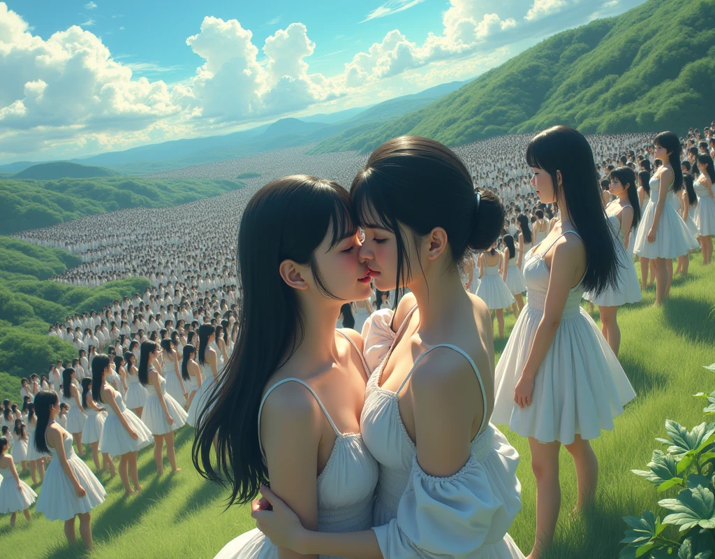 (((((Japanese Clone girls=Myself)))))), (((best masterpiece Clone girls Raw Photography Art))), (16K, Highest quality, Ultra-high resolution, RAW Photos), (((It's so unrealistic., With unparalleled depiction, With an unfathomable sight, An unprecedented and shocking worldview, Clone girls in a world of mass reproduction, Ultra-realistic))), (((Japanese, woman, 20yo, Sasaki Nozomi))), (Small face, ((Thick black hair, Short Hair))), ((V-neck short-sleeve dress)), (((((Very beautiful detailed girls, Accurate body structure, Very detailed完璧な, Super busty body with very large breasts, Clearly emphasizes cleavage))))), (((Dark Eyes, Mature face, Cute Smile, A gentle gaze))), (((Very happy laughter is beautiful))), ((((((((Very detailed分身増殖描写, ((1girl→Myself cloning→1,000,000,000,000,000,000,000,000Myself Clone girls)))))))))), ((((((((Very detailed, The precise depiction of the proliferation of Myself Clone girls, ((With the perfectly identical bodies of Myself clone girls, With the exact same face as the Myself clone girls, With the exact same hairstyle as the Myself clone girls, In the exact same clothes as the girls who are my clones, Perfectly the same height as the Myself clone girls, Super big breasts, just like the Myself clone girls)))))))))), (((Myself clone girls only))), (((Very detailed, Myself clone girls multiplication, 1,000,000,000,000,000,000,000,000Myself Clone girls→100,000,000,000,000,000,000,000,000,000,000,000,000,000,000^1,000,000,000,000,000,000Myself Clone girls))), (((Very detailed描写で, (An embrace between self, Back to Back, Myself clone girls assemble, Fun conversations with fellow Myself clone girls, A fun conversation between Myself clone girls, Myself clone girls kissing each other everywhere, Myself clone girls love each other, Myself clone girls holding hands)))), (looking at the camera), (Sexual seduction), (((Unbelievably crowded, Transcendent Myself clone girls intimately, Countless Myself clone girls surround you in 360 degrees))), (Bright and soft sunlight), (((Very wide field of view, Very detailed, Detailed ultra-perspective depiction with clear depth))), (((((Curved slope landscape))))), (((Very photographic and detailed, Myself clone girls are depicted as multiplying infinitely, filling the sky with no gaps and filling the sky with the horizon., Myself clone girls are endless and have a fun atmosphere))), (Focus on the average value of the image)