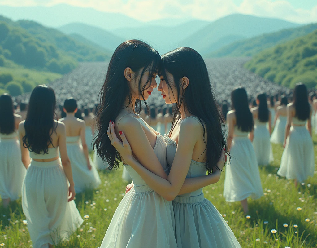 (((((Japanese Clone girls=Myself)))))), (((best masterpiece Clone girls Raw Photography Art))), (16K, Highest quality, Ultra-high resolution, RAW Photos), (((It's so unrealistic., With unparalleled depiction, With an unfathomable sight, An unprecedented and shocking worldview, Clone girls in a world of mass reproduction, Ultra-realistic))), (((Japanese, woman, 20yo, Sasaki Nozomi))), (Small face, ((Thick black hair, Short Hair))), ((V-neck short-sleeve dress)), (((((Very beautiful detailed girls, Accurate body structure, Very detailed完璧な, Super busty body with very large breasts, Clearly emphasizes cleavage))))), (((Dark Eyes, Mature face, Cute Smile, A gentle gaze))), (((Very happy laughter is beautiful))), ((((((((Very detailed分身増殖描写, ((1girl→Myself cloning→1,000,000,000,000,000,000,000,000Myself Clone girls)))))))))), ((((((((Very detailed, The precise depiction of the proliferation of Myself Clone girls, ((With the perfectly identical bodies of Myself clone girls, With the exact same face as the Myself clone girls, With the exact same hairstyle as the Myself clone girls, In the exact same clothes as the girls who are my clones, Perfectly the same height as the Myself clone girls, Super big breasts, just like the Myself clone girls)))))))))), (((Myself clone girls only))), (((Very detailed, Myself clone girls multiplication, 1,000,000,000,000,000,000,000,000Myself Clone girls→100,000,000,000,000,000,000,000,000,000,000,000,000,000,000^1,000,000,000,000,000,000Myself Clone girls))), (((Very detailed描写で, (An embrace between self, Back to Back, Myself clone girls assemble, Fun conversations with fellow Myself clone girls, A fun conversation between Myself clone girls, Myself clone girls kissing each other everywhere, Myself clone girls love each other, Myself clone girls holding hands)))), (looking at the camera), (Sexual seduction), (((Unbelievably crowded, Transcendent Myself clone girls intimately, Countless Myself clone girls surround you in 360 degrees))), (Bright and soft sunlight), (((Very wide field of view, Very detailed, Detailed ultra-perspective depiction with clear depth))), (((((Curved slope landscape))))), (((Very photographic and detailed, Myself clone girls are depicted as multiplying infinitely, filling the sky with no gaps and filling the sky with the horizon., Myself clone girls are endless and have a fun atmosphere))), (Focus on the average value of the image)