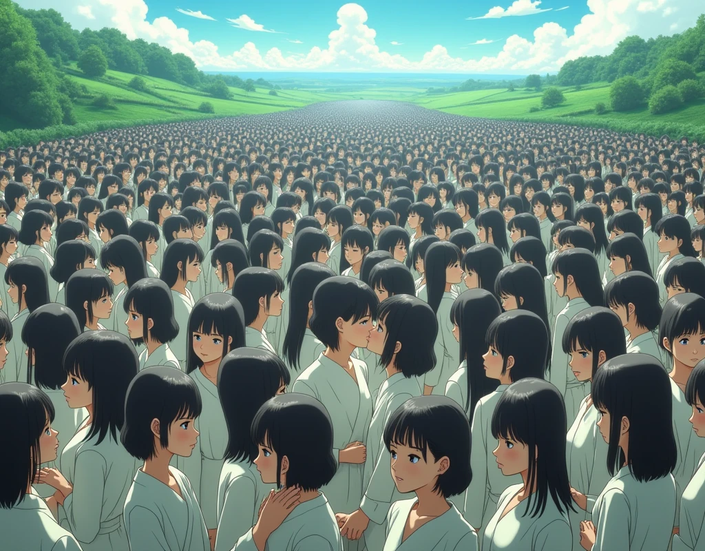 (((((Japanese Clone girls=Myself)))))), (((best masterpiece Clone girls Raw Photography Art))), (16K, Highest quality, Ultra-high resolution, RAW Photos), (((It&#39;s so unrealistic., With unparalleled depiction, With an unfathomable sight, An unprecedented and shocking worldview, Clone girls in a world of mass reproduction, Ultra-realistic))), (((Japanese, woman, 20yo, Sasaki Nozomi))), (Small face, ((Thick black hair, Short Hair))), ((V-neck short-sleeve dress)), (((((Very beautiful detailed girls, Accurate body structure, Very detailed完璧な, Super busty body with very large breasts, Clearly emphasizes cleavage))))), (((Dark Eyes, Mature face, Cute Smile, A gentle gaze))), (((Very happy laughter is beautiful))), ((((((((Very detailed分身増殖描写, ((1girl→Myself cloning→1,000,000,000,000,000,000,000,000Myself Clone girls)))))))))), ((((((((Very detailed, The precise depiction of the proliferation of Myself Clone girls, ((With the perfectly identical bodies of Myself clone girls, With the exact same face as the Myself clone girls, With the exact same hairstyle as the Myself clone girls, In the exact same clothes as the girls who are my clones, Perfectly the same height as the Myself clone girls, Super big breasts, just like the Myself clone girls)))))))))), (((Myself clone girls only))), (((Very detailed, Myself clone girls multiplication, 1,000,000,000,000,000,000,000,000Myself Clone girls→100,000,000,000,000,000,000,000,000,000,000,000,000,000,000^1,000,000,000,000,000,000Myself Clone girls))), (((Very detailed描写で, (An embrace between self, Back to Back, Myself clone girls assemble, Fun conversations with fellow Myself clone girls, A fun conversation between Myself clone girls, Myself clone girls kissing each other everywhere, Myself clone girls love each other, Myself clone girls holding hands)))), (looking at the camera), (Sexual seduction), (((Unbelievably crowded, Transcendent Myself clone girls intimately, Countless Myself clone girls surround you in 360 degrees))), (Bright and soft sunlight), (((Very wide field of view, Very detailed, Detailed ultra-perspective depiction with clear depth))), (((((Curved slope landscape))))), (((Very photographic and detailed, Myself clone girls are depicted as multiplying infinitely, filling the sky with no gaps and filling the sky with the horizon., Myself clone girls are endless and have a fun atmosphere))), (Focus on the average value of the image)