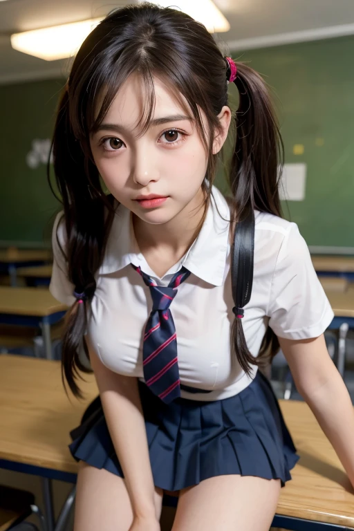 (One Girl), cute, (Very detailedBeautiful Face), Great face and eyes, (Highest quality:1.4), (Very detailed), (Very detailed CG 統合 8k 壁紙), Very detailed, High resolution raw color photos, Professional photography, Realistic portraits, Twin tails, (High School Uniform, Pleated mini skirt:1.3), (High School Uniform with wide open breasts:1.2), Sitting, (Spread your legs), Camel Toe, Depth of written boundary, School, classroom, (Beautiful Face:1.2), (From below:1.2)