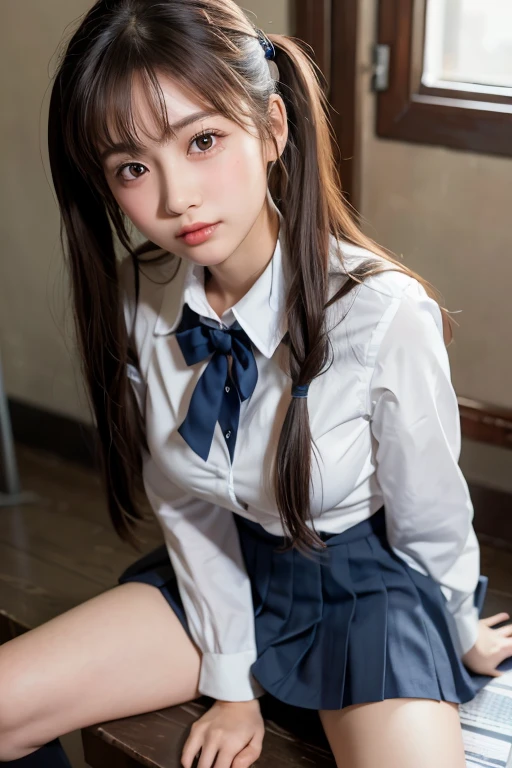 (One Girl), cute, (Very detailedBeautiful Face), Great face and eyes, (Highest quality:1.4), (Very detailed), (Very detailed CG 統合 8k 壁紙), Very detailed, High resolution raw color photos, Professional photography, Realistic portraits, Twin tails, (High School Uniform, Pleated mini skirt:1.3), (High School Uniform with wide open breasts:1.2), Sitting, (Spread your legs), Camel Toe, Depth of written boundary, School, classroom, (Beautiful Face:1.2), (From below:1.2)