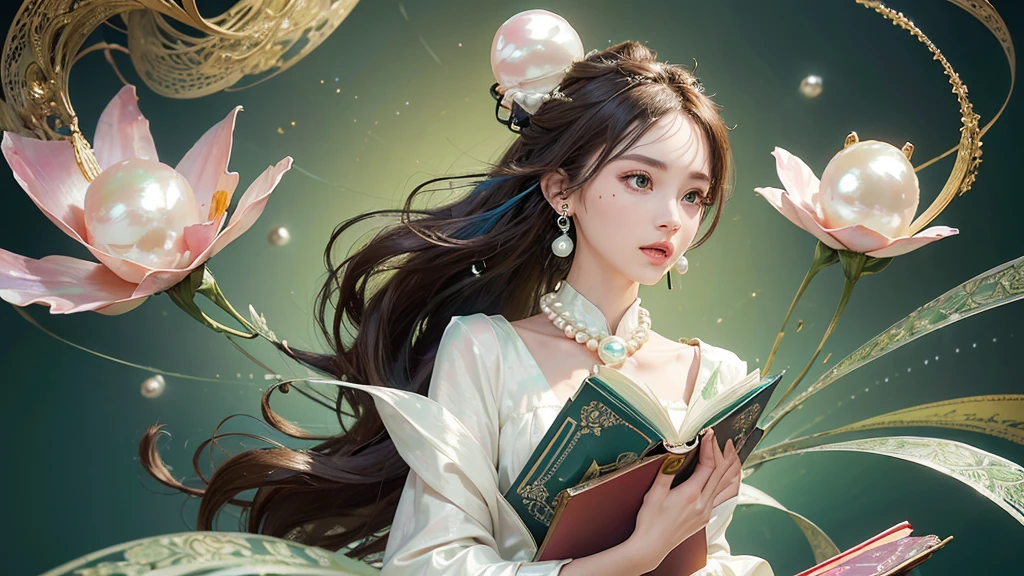 32K, 最高quality, 最高masterpiece, (ultra-Detailed Background, Detailed Background), High resolution, Super detailed, Very detailedな, 1 personの, (bouquet:1.3), (Tangled:1.2), (Geometric:1.2),(colorful),(masterpiece, quality, best quality, Official Art, Beautiful and beautiful:1.2), (1 person:1.3), Very detailed,(colorful:1.1)(Flowers:1.3),Most detailed,(Tangled:1.2), whole body, (Abstract background:1.3), (Skin glows), (Many colors:1.4), ,(Earrings Pearl:1.5), Light green background, It's imaginative., Brunette Hair, Updo, Holding a book, Holding a pen, Satin shirt,