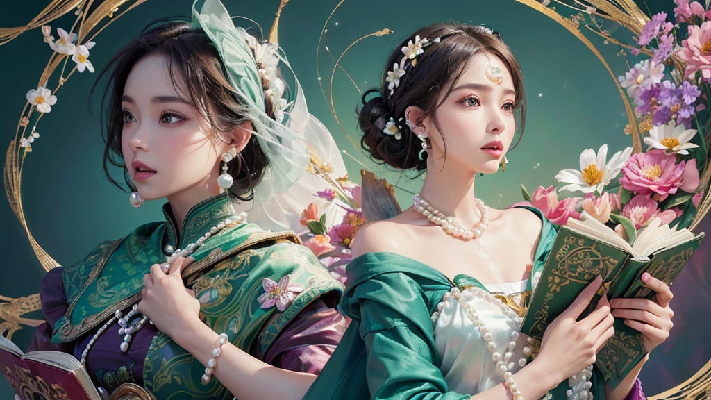 32K, 最高quality, 最高masterpiece, (ultra-Detailed Background, Detailed Background), High resolution, Super detailed, Very detailedな, 1 personの, (bouquet:1.3), (Tangled:1.2), (Geometric:1.2),(colorful),(masterpiece, quality, best quality, Official Art, Beautiful and beautiful:1.2), (1 person:1.3), Very detailed,(colorful:1.1)(Flowers:1.3),Most detailed,(Tangled:1.2), whole body, (Abstract background:1.3), (Skin glows), (Many colors:1.4), ,(Earrings Pearl:1.5), Light green background, It's imaginative., Brunette Hair, Updo, Holding a book, Holding a pen, Satin shirt,