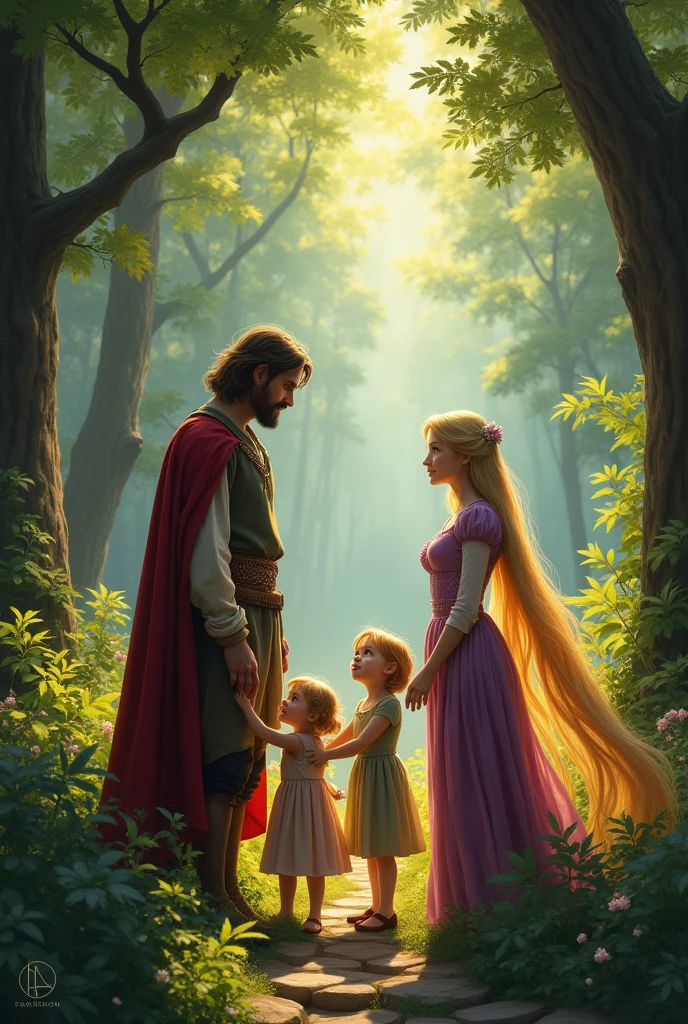 For years, he wandered the land, until one day, he heard Rapunzel's voice again. She had given birth to twins and was living in a remote wilderness.
They returned to the prince's kingdom, where they lived happily ever after.