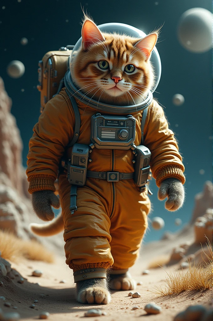 Brown big hair Cat in walking in moon space outfit 