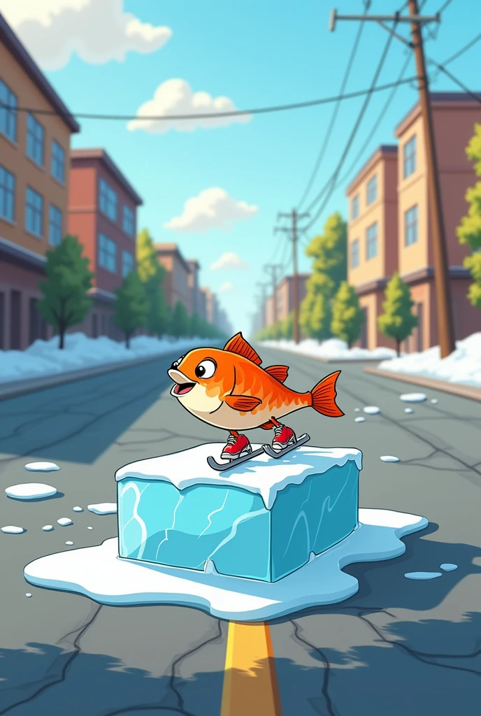 One fish sketing on ice cube on road cartoon