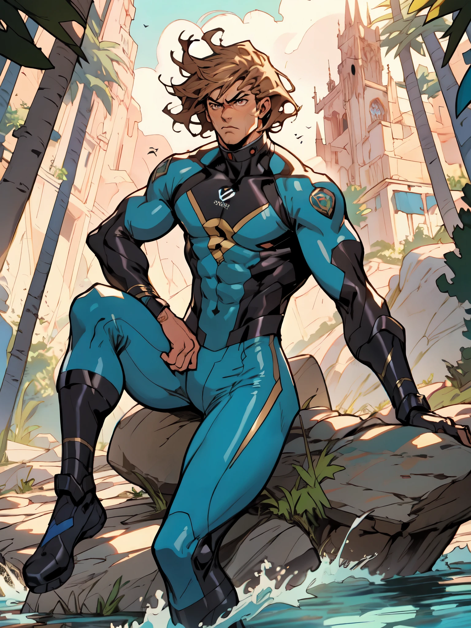 (masterpiece:1.2, best quality:1.2, extremely delicate:1.2), ((male:1.5)), a mature man with short slightly curly brown hair, a well-defined face, intense eyes, a thoughtful expression, brown skin, tall and athletic build, a futuristic fantasy-style blue and black short-sleeved tight-fitting wetsuit, matching trousers, wrist guards, he sits leisurely on a seaside rock, this character embodies a finely crafted futuristic fantasy-style swimmer in anime style, exquisite and mature manga art style, dramatic, high definition, highres, ultra-detailed, ultra-fine painting, professional, perfect body proportions, golden ratio, anatomically correct, symmetrical face, extremely detailed eyes and face, high quality eyes, creativity, RAW photo, UHD, 32k, Natural light, cinematic lighting, (masterpiece-anatomy-perfect:1.2)