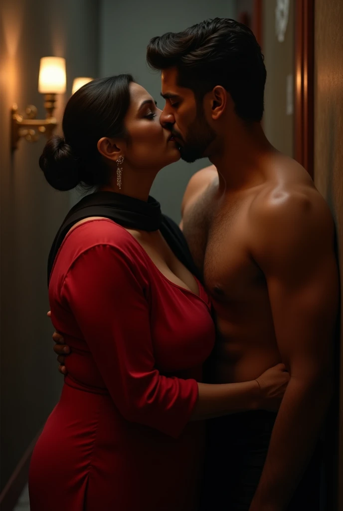 photo of Voluptuous Mature Indian Aunty with dusky skin, wearing tight Red Kurti and Black stole around her throat, showing her large U cut Cleavage, Hair Tied behind,Standing and Kissing a Slim Young boy, Dim Night light in the room.