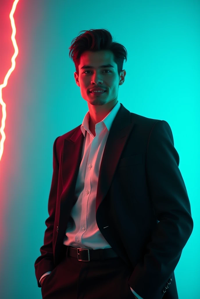 A young Man With Dark hair and a confident smile He is Dressed in a black blazer over a white shirt The man is positioned against aqua colour backdrop with a subtle red lightning on the left side and