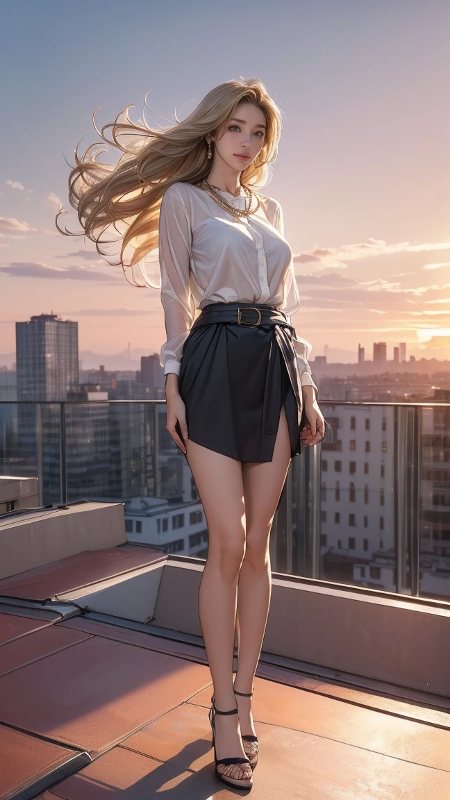 ((最high quality, 8k, masterpiece: 1.3, Ultra HD, high quality, 最high quality, High resolution, realism)) 、Two beautiful white women、Hair Color: Blonde、Blue Idium Hair、Straight hair、smile、A slim but well-proportioned muscular body、((standing on a windswept rooftop during sunset, overlooking a cityscape:1.3))((Super long blonde hair_reaching down to the foot:1.5)),((Hair with loose waves inside:1.3)),((gold necklace＿Large earrings:1.2)),((shy smile:1.4)),((mideum breasts:1.3)) ,((left hand on waist_right hand on groin:1.7)),((White see-through shirt、a belt、a black skirt:1.3)),