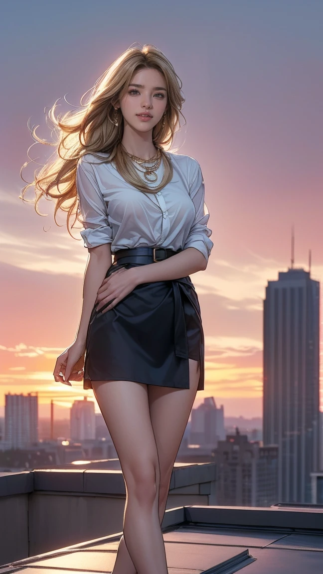 ((最high quality, 8k, masterpiece: 1.3, Ultra HD, high quality, 最high quality, High resolution, realism)) 、Two beautiful white women、Hair Color: Blonde、Blue Idium Hair、Straight hair、smile、A slim but well-proportioned muscular body、((standing on a windswept rooftop during sunset, overlooking a cityscape:1.3))((Super long blonde hair_reaching down to the foot:1.5)),((Hair with loose waves inside:1.3)),((gold necklace＿Large earrings:1.2)),((shy smile:1.4)),((mideum breasts:1.3)) ,((left hand on waist_right hand on groin:1.7)),((White see-through shirt、a belt、a black skirt:1.3)),