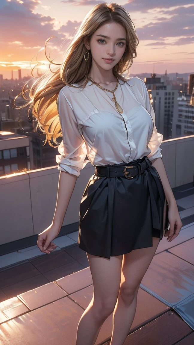 ((最high quality, 8k, masterpiece: 1.3, Ultra HD, high quality, 最high quality, High resolution, realism)) 、Two beautiful white women、Hair Color: Blonde、Blue Idium Hair、Straight hair、smile、A slim but well-proportioned muscular body、((standing on a windswept rooftop during sunset, overlooking a cityscape:1.3))((Super long blonde hair_reaching down to the foot:1.5)),((Hair with loose waves inside:1.3)),((gold necklace＿Large earrings:1.2)),((shy smile:1.4)),((mideum breasts:1.3)) ,((left hand on waist_right hand on groin:1.7)),((White see-through shirt、a belt、a black skirt:1.3)),