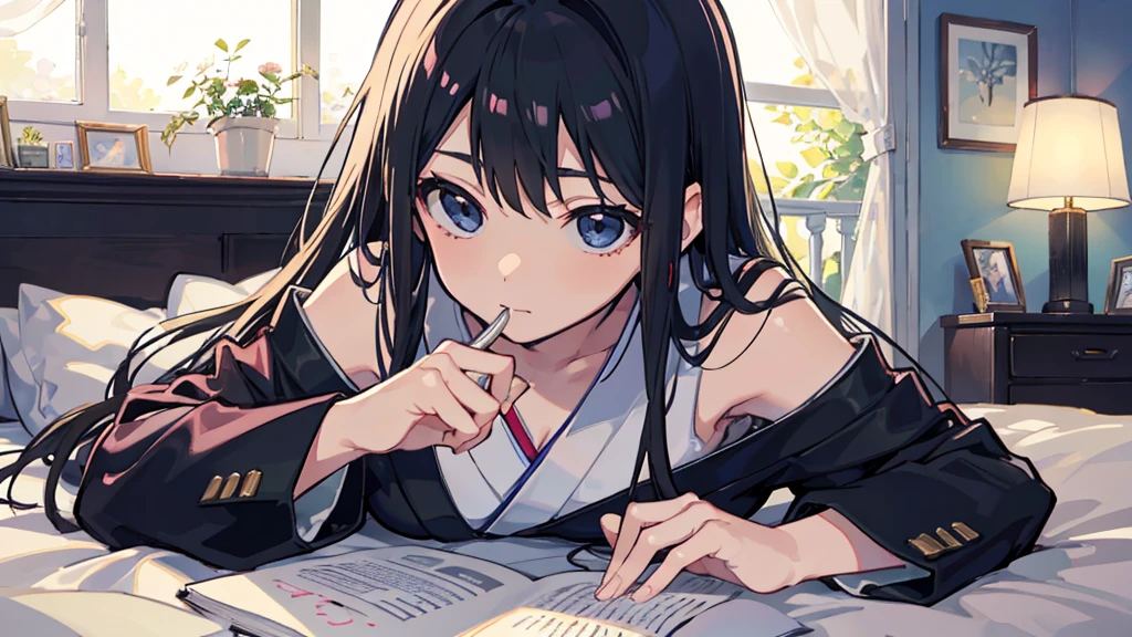 アニメ, A beautiful young Japanese woman with long black hair, dreamily gazing at a love letter, soft moonlight illuminating her face, cozy bedroom setting, romantic and tranquil atmosphere, photorealistic, highly detailed