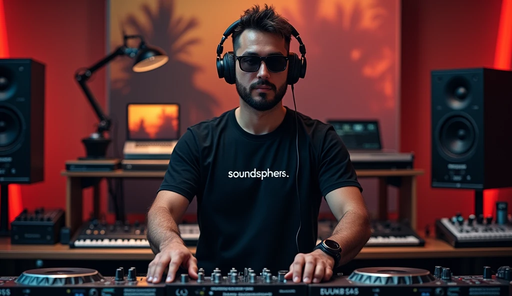 A man in a DJ music studio wearing sunglasses, headphones and a black T-shirt that says SoundSphereTunes, looks straight ahead