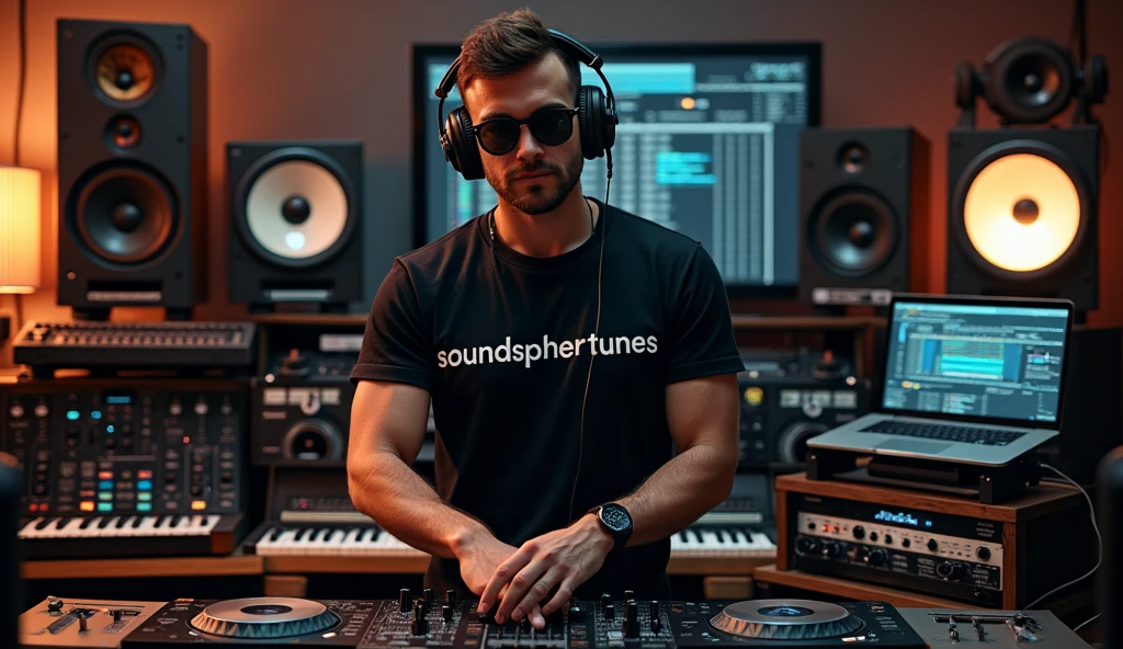 A man in a DJ music studio wearing sunglasses, headphones and a black T-shirt that says SoundSphereTunes, looks straight ahead