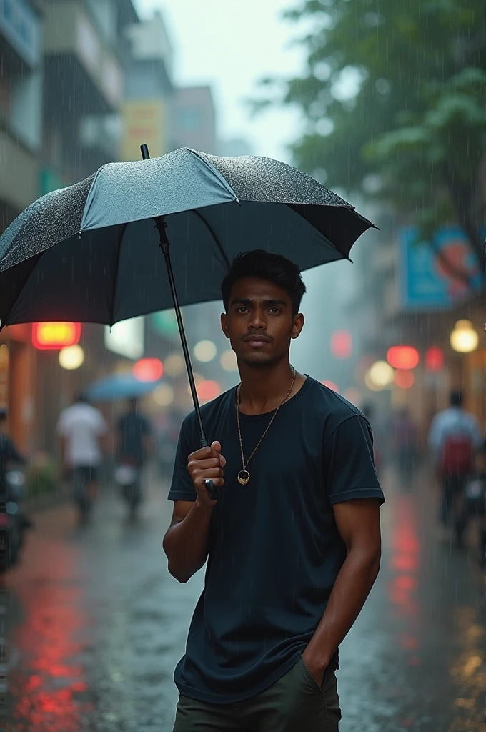 A Bangladeshi 30 year old handsome boy wearing a t-shirt is standing on the street with an umbrella in his hand and it's raining in the afternoon.