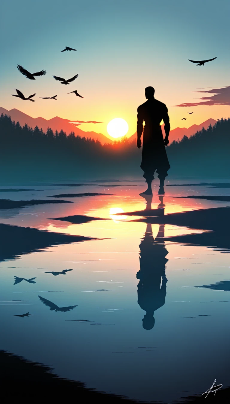 A Strong man in a black bodysuit stands in the smoke, Priapus, Dark Black, Dark black skin, Buzz Cut, His muscles are very developed, Very tall, short hair, Blend into the smoke, Lake, Reflection, Sunset, Sunset, Bird, plum bossom, Man silhouette, Chinese, black and white, Simple style
