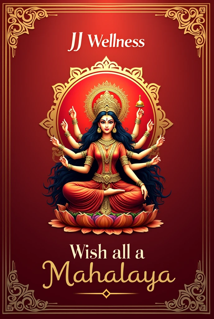 Creat an card wishing everyone happy Mahalaya in blue front with a red background.The card is from the company JJ Wellness as the wish their customers happy Mahalaya with Maa Dugra's imagine in the middle.
Make the imagine smaller and JJ Wellness Front bigger.
Outline the card the designs.
Edit this imagine a bit by putting JJ Wellness on top of the imagine.
