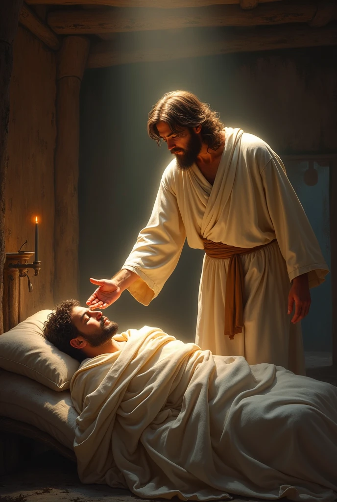 Jesus blessing a person sleeping in a humble house