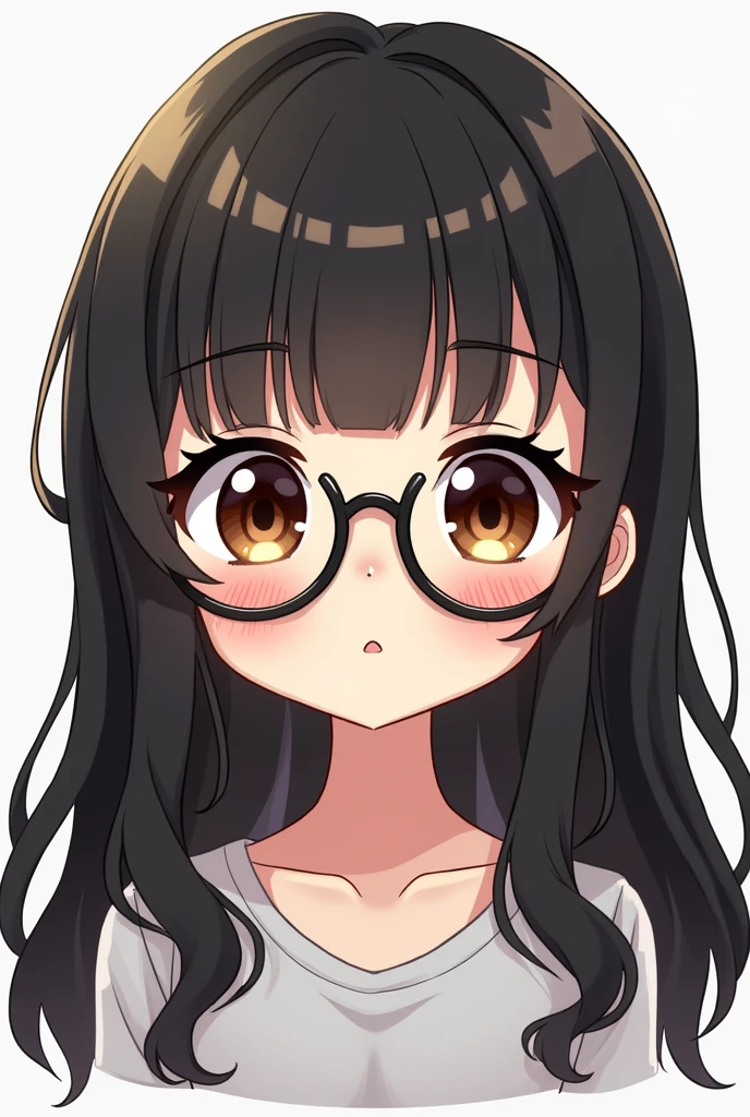 a FEMALE character in chibi style, with dark brown eyes, and long black hair with bangs, with round black glasses, Caucasian skin, just the character's face.