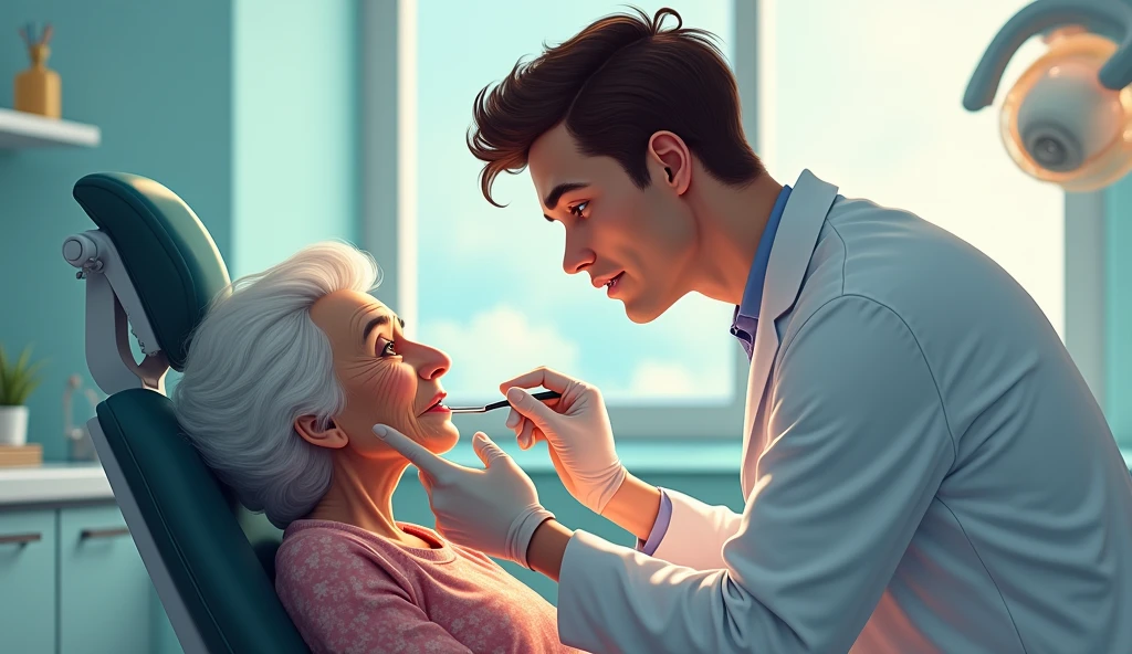 A old lady in dental clinic and handsome doctor is exmining her