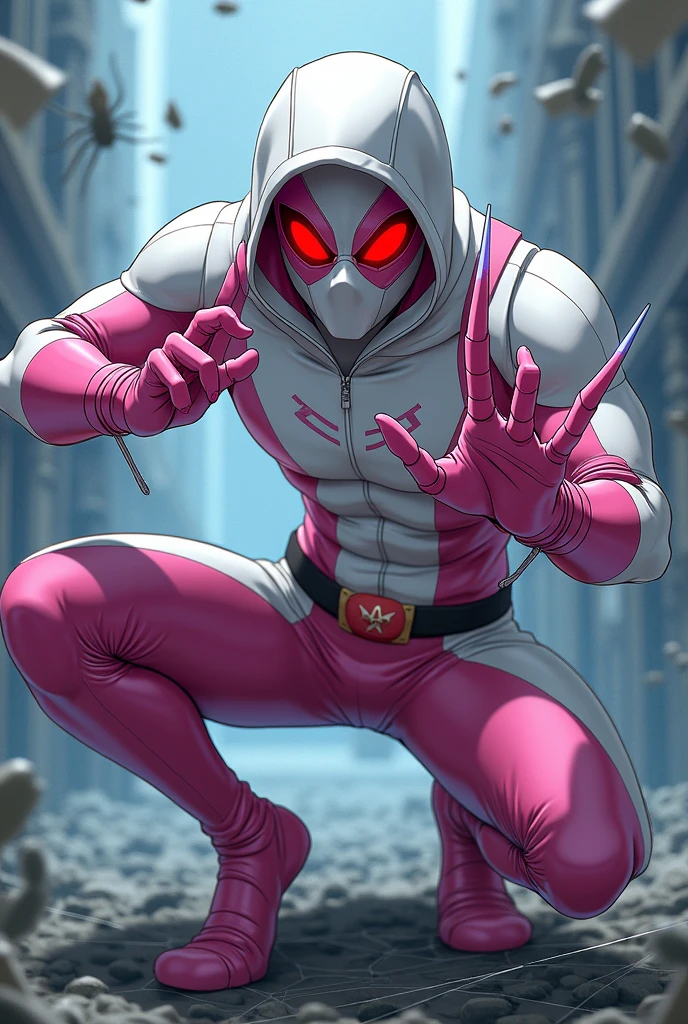 A male ager is wearing a superhero costume made of white and pink latex and his mask, which is somewhat reminiscent of Deadpool, has red eyes. He is on top of a spider web and he is demonstrating that he has the powers of Wolverine, that is, he is posing showing his claws, Wolverine's claws, on the spider web he is on top of, there are some small spiders. The image has to be in anime.