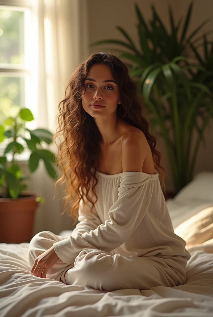 (photorealism:1.2), beautiful woman, sitting on bed, wearing loose off-shoulder top, pajama pants, long curly hair, indoors, soft lighting, plants in background, window with sunlight, cozy room, relaxed pose, realistic, intricate details, warm colors, by Greg Rutkowski, by Alphonse Mucha