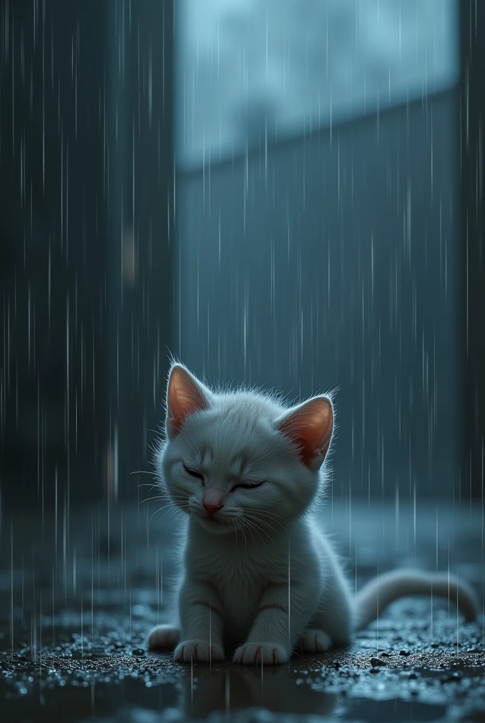 A dark, heavy downpour with rain cascading down on a small kitten