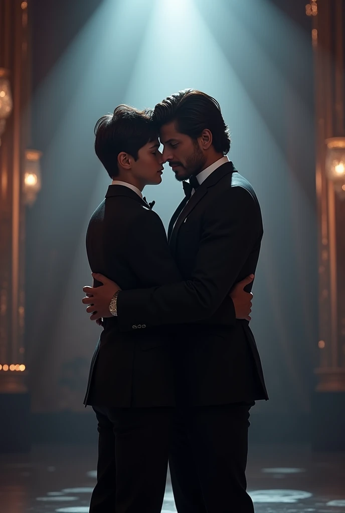 A handsome boy having 6 paths wearing a black suit hugging shahrukh Khan on stage