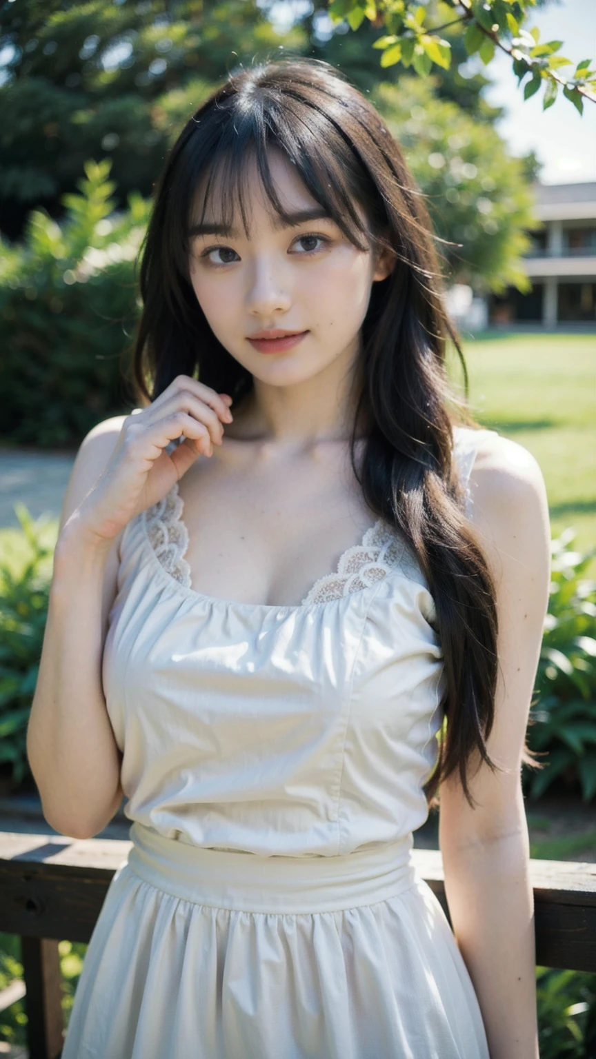 (Raw photo, Best Quality), (Realistic, Photorealsitic:1.3), masutepiece, Extremely delicate and beautiful, Soft light, (Brown hair, Shoulder-length straight hair swaying in the wind), Beautiful detailed girl, (Detailed fingers), extremely detailed eye and face, beautiful detailed nose, Beautiful detailed eyes, 1 girl, Japanese, Neat and clean beauty, Cute, young, white dress, lace Panties, (Half body:1.3), (big breasts:1.3), Realistic face, Realistic body,